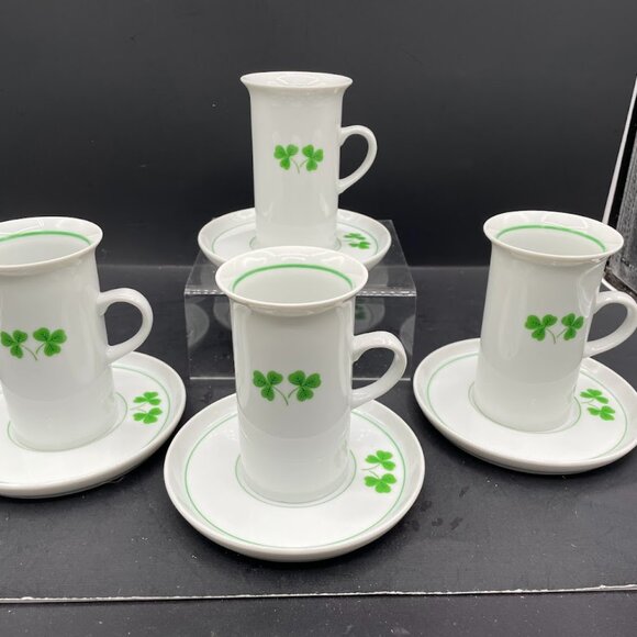 The Toscany Collection By Feeney Japan White Irish Clover Cup & Saucer Set of 4 - Picture 1 of 14